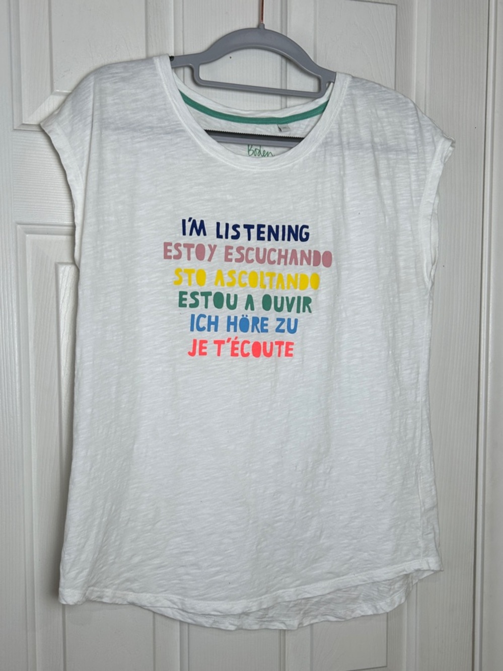 Boden Multilingual "I'm Listening" Graphic Tee Shirt White Size XS Cotton